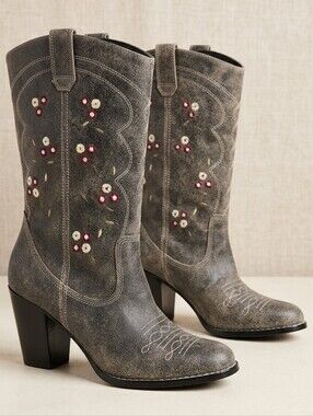 Seycgelles Size 10 Embellished Gray Western Mid-Calf Boots for Women